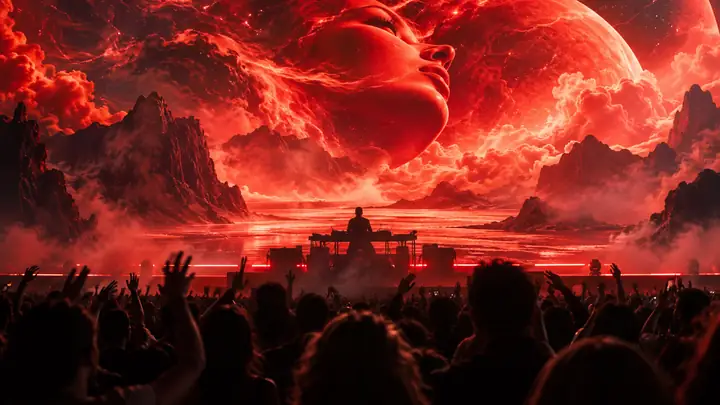 A musician performing before a crowd while enormous red cinematic visuals fill the background.
