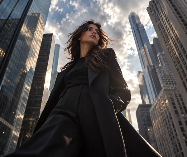 A low-angle fashion portrait framed by tall city buildings and a cloudy sky.