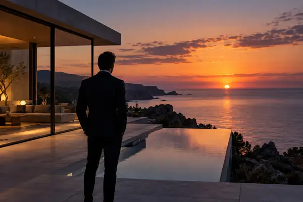 A suited figure stands outside a minimalist house beside the sea at dusk.