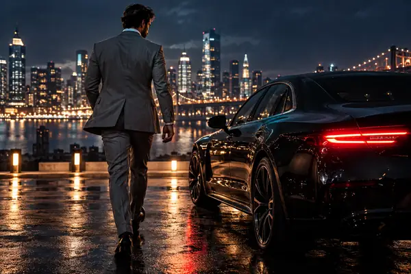 A musician in a gray suit walks beside a car under cinematic night lighting.