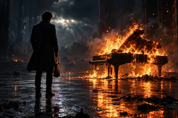 A lone musician stands near a burning grand piano in a dark cinematic setting.