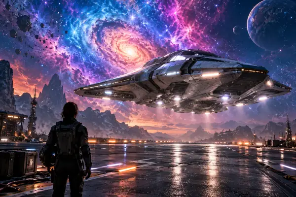 A silver spacecraft hovers above a runway under a vast blue and pink nebula.
