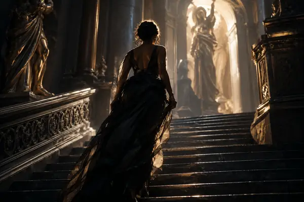A cinematic close-up of a performer ascending a shadowy architectural staircase.