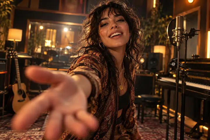 A performer reaches toward the camera in a warmly lit recording studio.