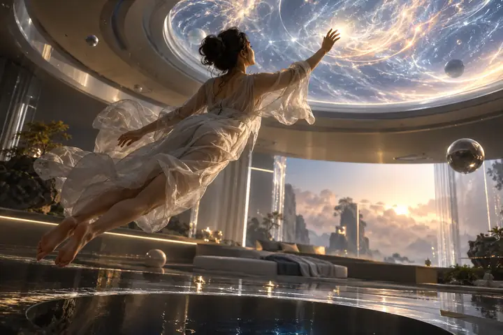 A woman reaches upward while floating in a quiet, surreal futuristic room.