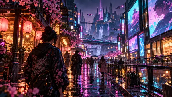 A richly detailed anime street with glowing screens, turquoise and magenta shop lights, and evening rain.