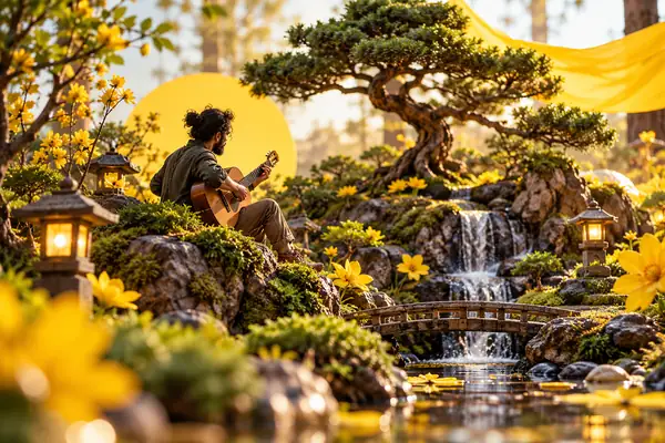 A miniature musician in a lush bonsai garden, bright yellow graphic accents and whimsical composition.