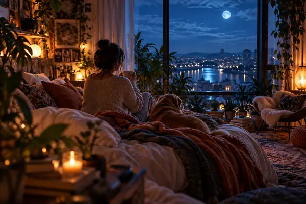 A cozy illustrated bedroom at night with blue window light, plants, soft cushions, and a peaceful mood.