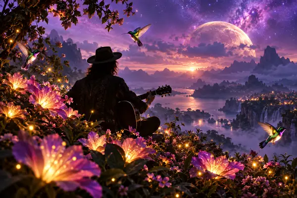 A silhouetted musician among luminous flowers and hummingbirds beneath a violet dream sky.