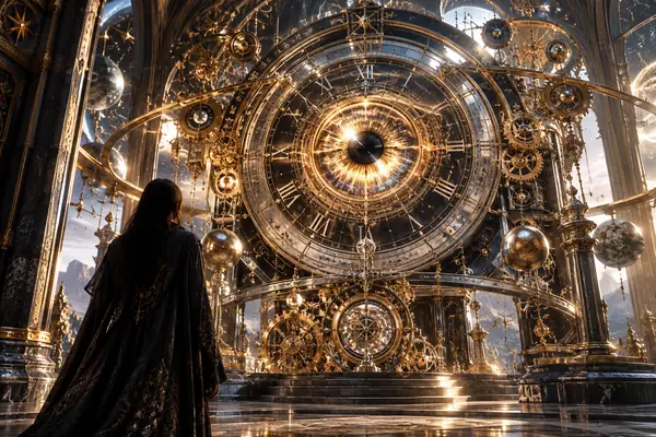 An ornate mechanical clock with a luminous central eye, dramatic silver and gold detail.