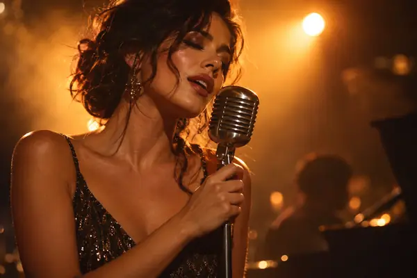 An intimate portrait of a woman singing into a vintage microphone under amber stage light.