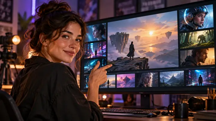 A creative presenter beside a dark video-editing interface, composed as a tutorial thumbnail.