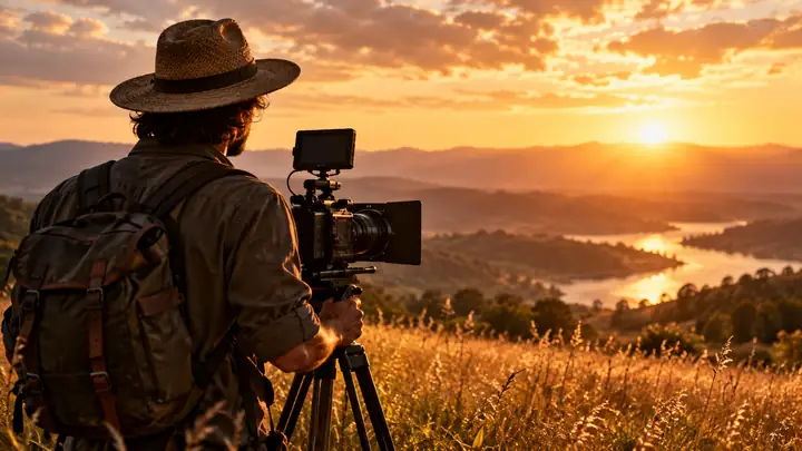 A filmmaker in a straw hat standing in a sunlit field, framed as a cinematic tutorial thumbnail.