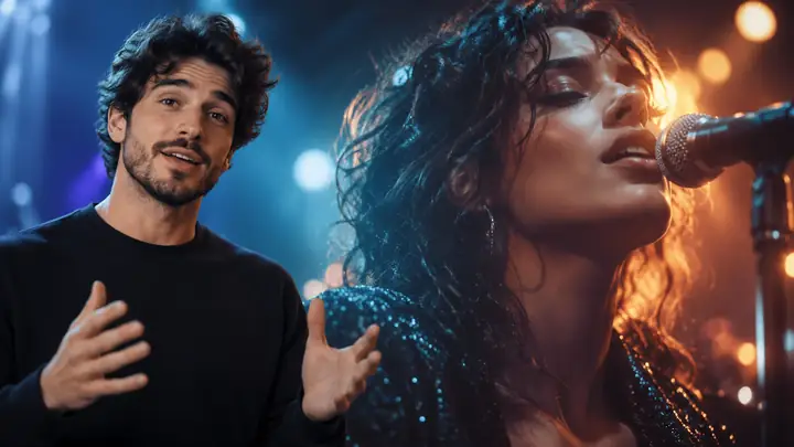 A presenter beside a cinematic close-up of a singer, composed as a music-video tutorial thumbnail.